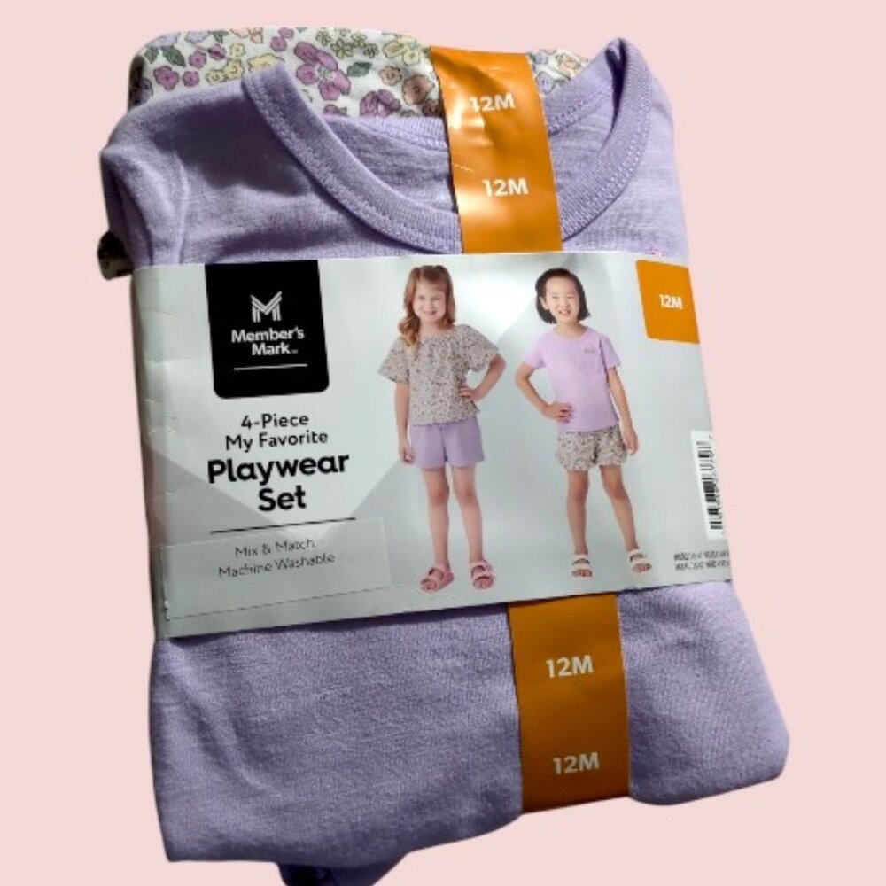 Members Mark 4 Piece Playwear Set Purple & White Floral NWT